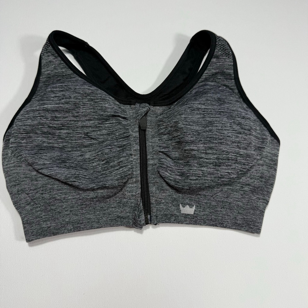 Women's SHEFIT Medium Gray Black Zip Front Sports Bra
